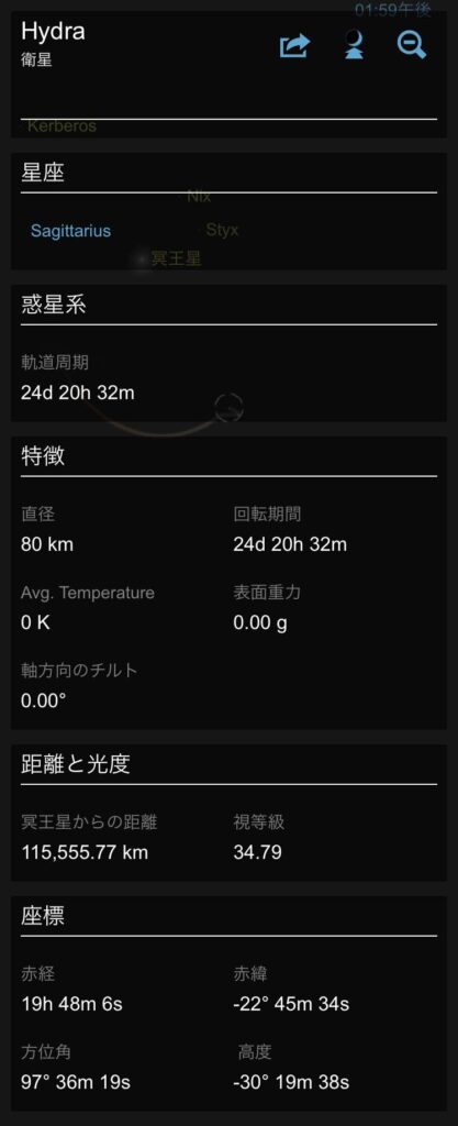 冥王星の衛星Hydraの情報表示